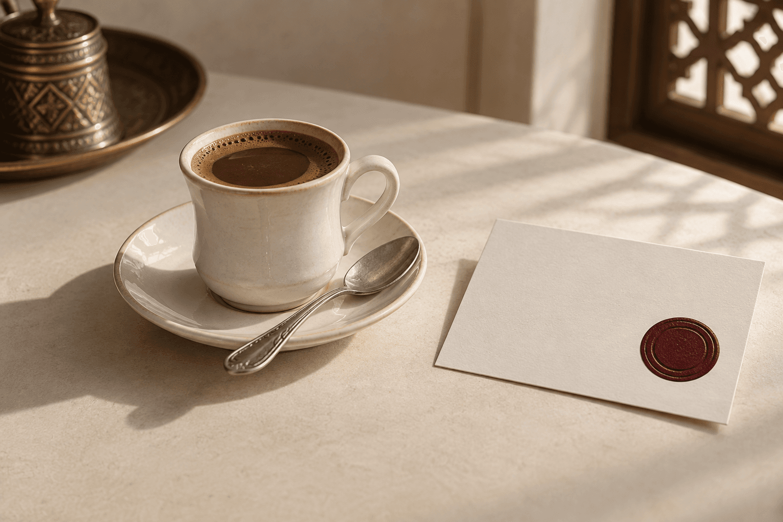 فنجان قهوة وبطاقة بختم عنابي